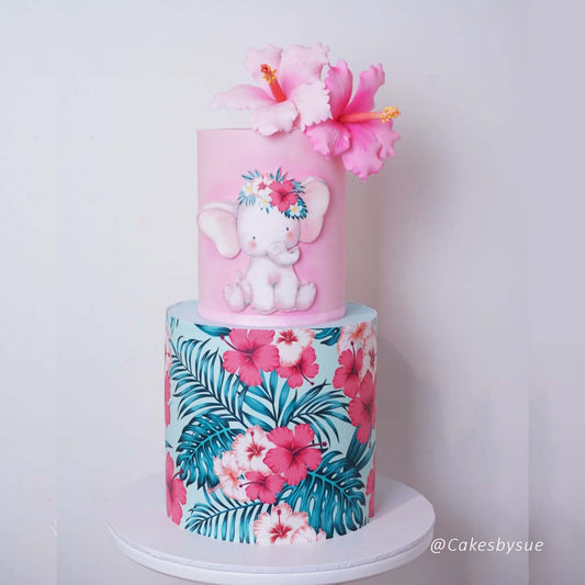 Hibiscus Flowers & Tropical Leaves- Icing Cake Wrap Edible Cake Topper, Edible Cake Image, ,printsoncakes
