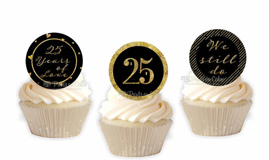 Celebrate your special occasion with these elegant black and gold cupcake toppers.  Add your personalisation in the Special Instructions box.  Perfect for Cupcakes, Cookies, muffins and Biscuits.