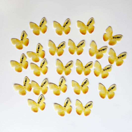 These R U OK Day Edible Wafer Butterflies are an ideal way to spruce up your desserts for any R U OK? Events.    The pack contains 24 wafer butterflies in Yellow colour.