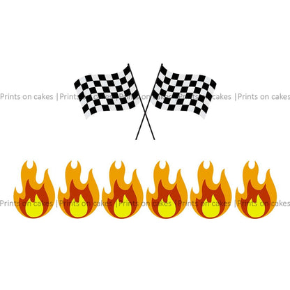 Flames and Checkered Flags Set - Edible Icing Image - printsoncakes - Edible Image service provider