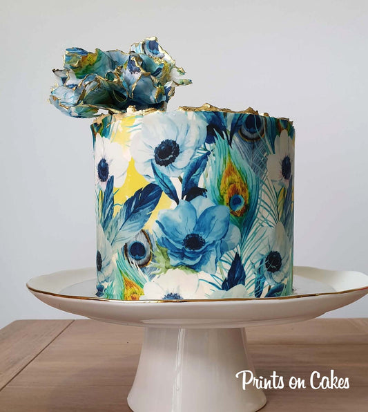 Flowers and Peacock Feathers - Icing Cake Wrap - printsoncakes - Edible Image service provider