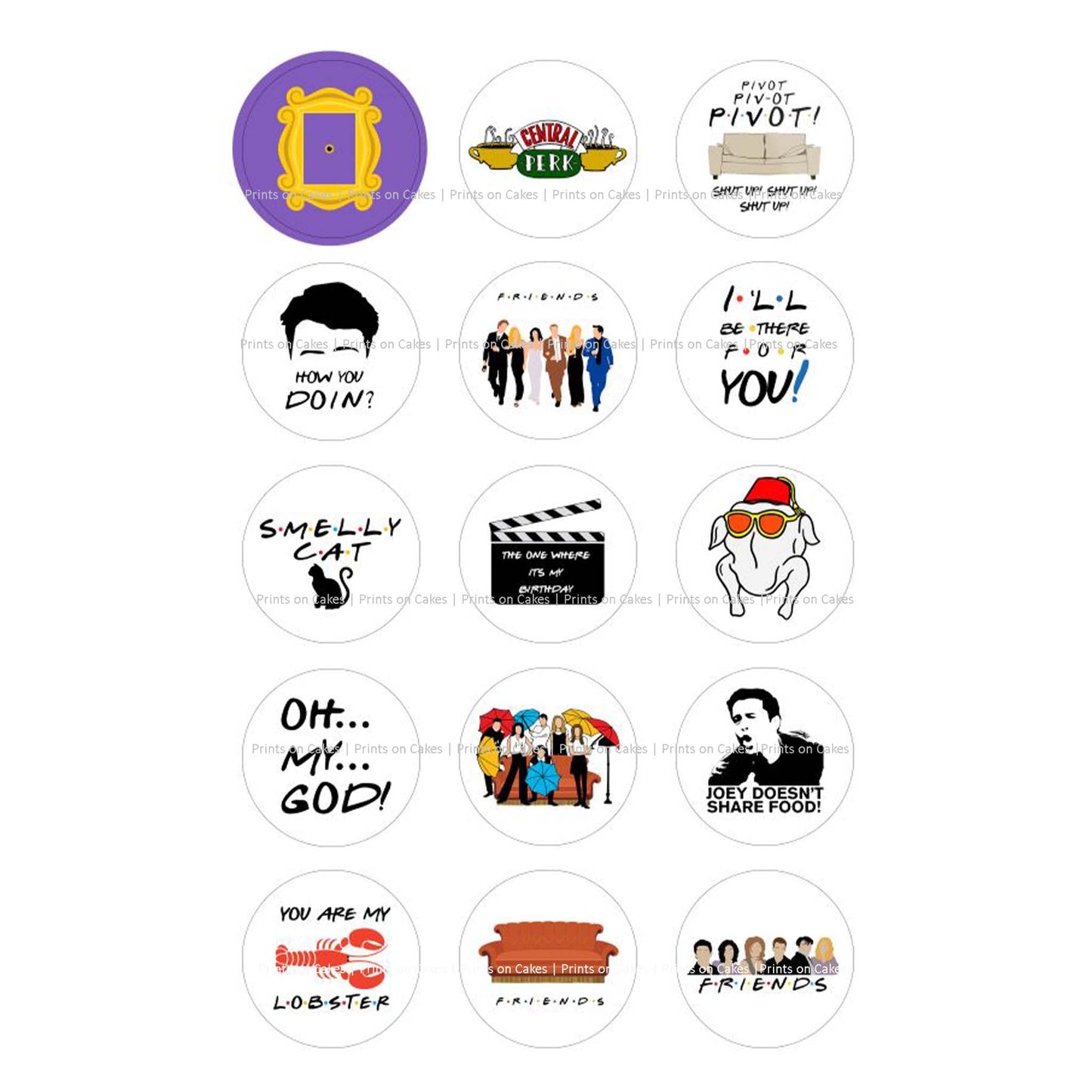 Friends Inspired – 5cm (2 inch) Cupcake Icing Sheet – 15 Toppers Per Sheet - printsoncakes - Edible Image service provider