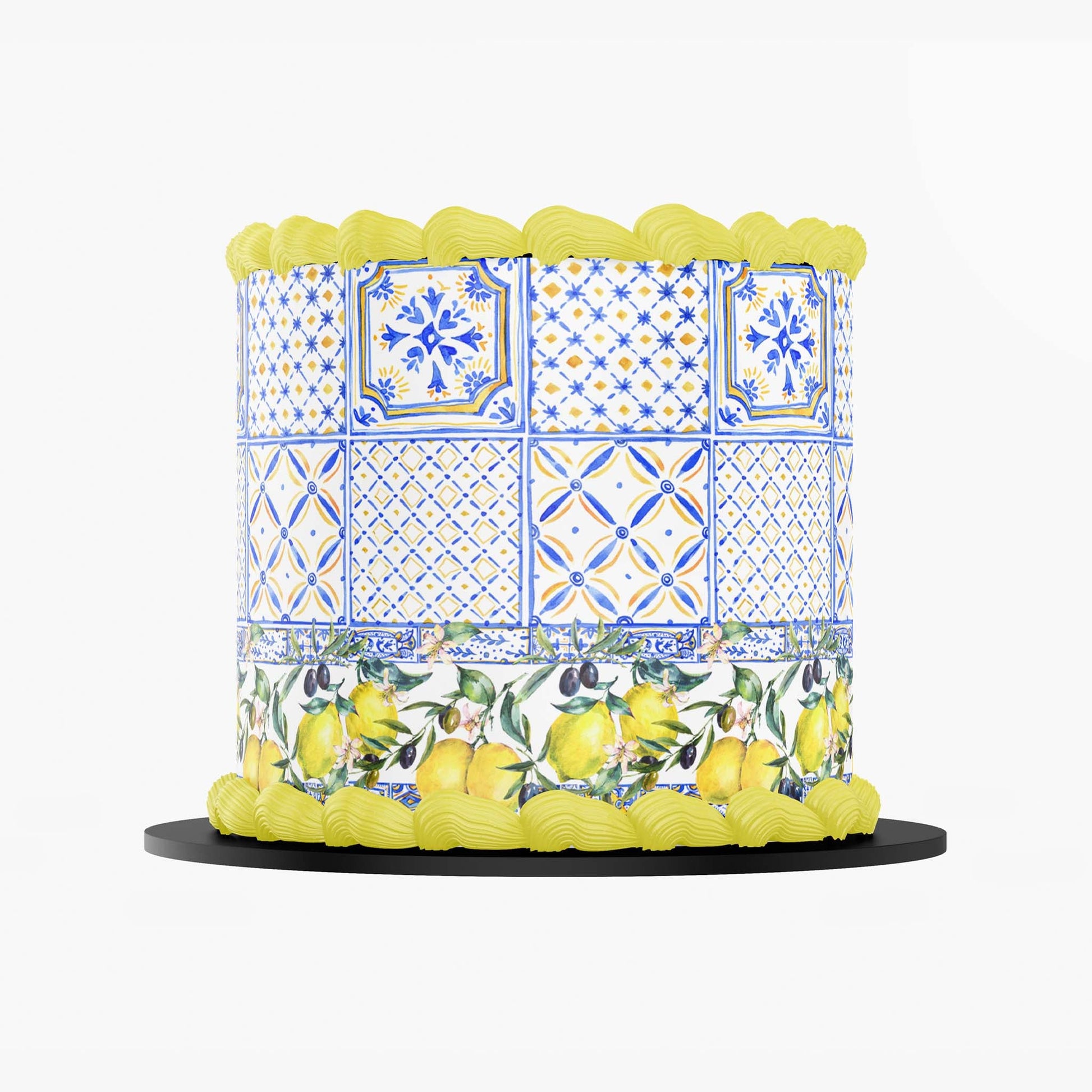 Italian Blue tiles and lemons with a Boarder - Icing Cake Wrap - printsoncakes - Edible Image service provider