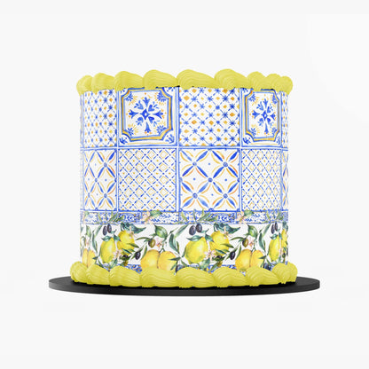 Italian Blue tiles and lemons with a Boarder - Icing Cake Wrap - printsoncakes - Edible Image service provider