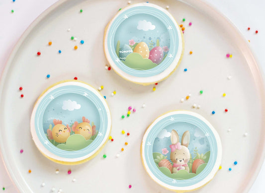Pastel Blue Easter Bunny and Chicks - Edible Icing Images - printsoncakes - Edible Image service provider