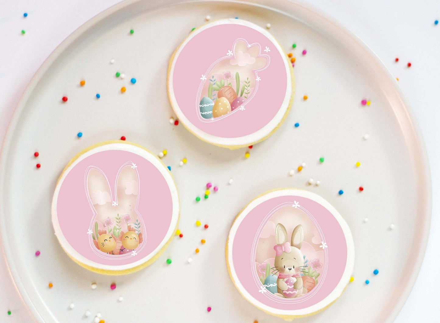 Pastel Pink Easter Bunny and Chicks - Edible Icing Images - printsoncakes - Edible Image service provider