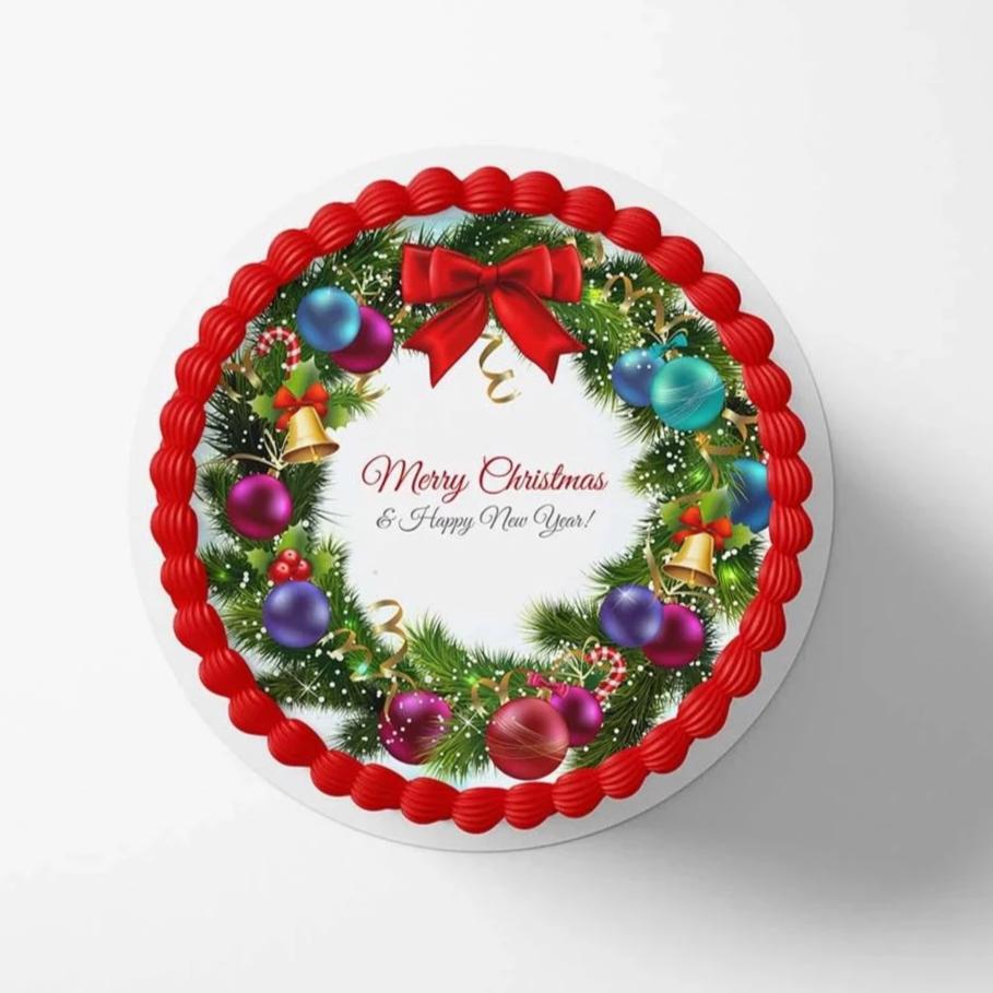 Personalised Christmas wreath - Edible Icing Images - printsoncakes - Edible Image service provider