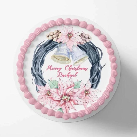 Personalised Pink Christmas Wreath - Edible Icing Images - printsoncakes - Edible Image service provider