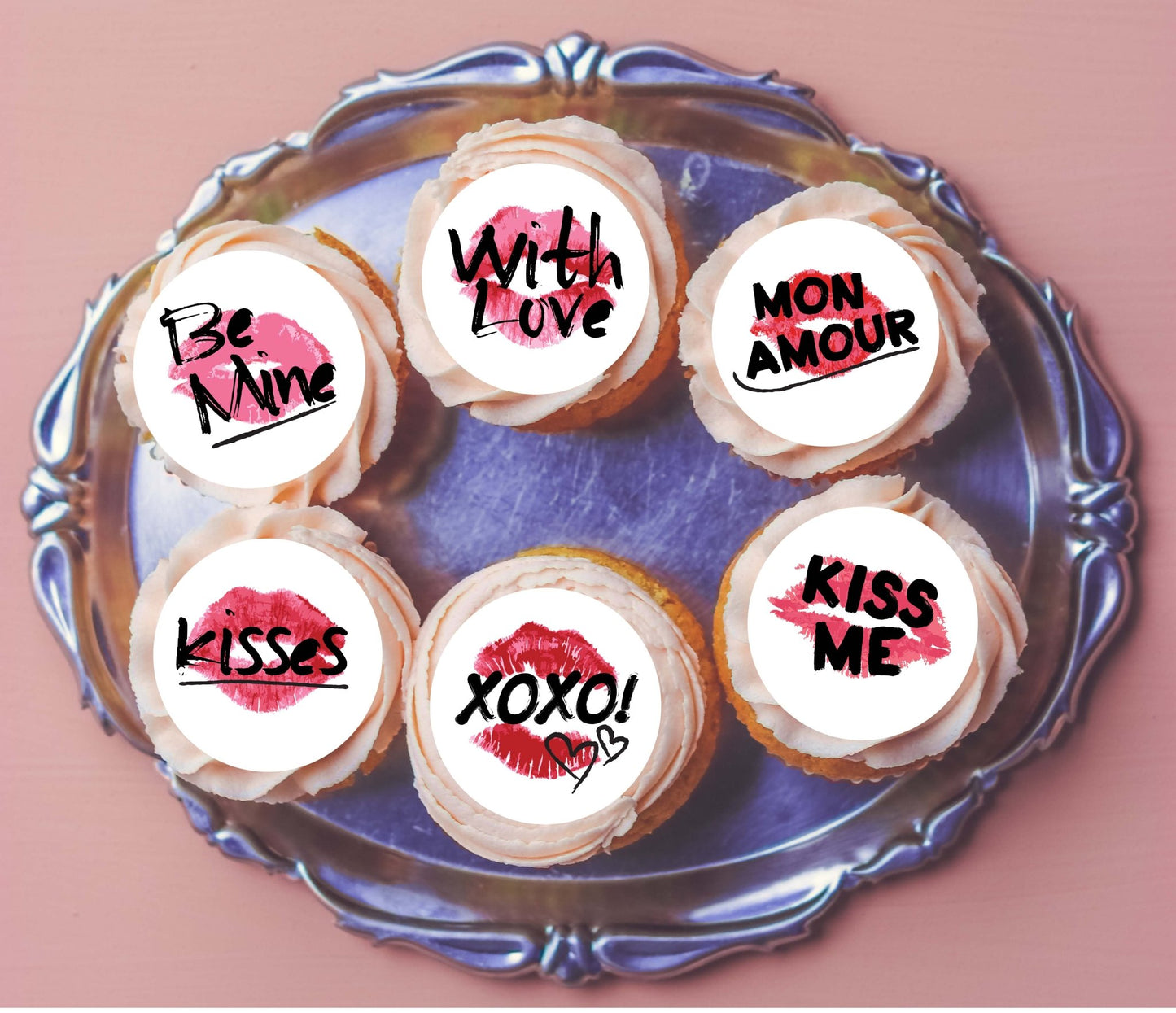 Valentines Day Kisses 5cm (2 inch) Cupcake Icing Sheet – 15 Toppers Per Sheet - printsoncakes - Edible Image service provider