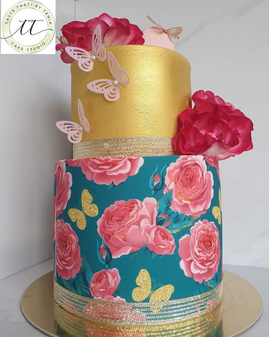 Pink Roses and Butterflies - Icing Cake Wrap Edible Cake Topper, Edible Cake Image, ,printsoncakes
