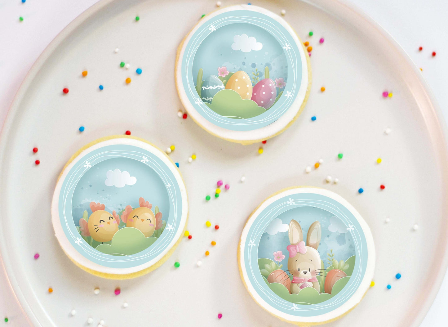 Happy Easter Bunny and Chicks Blue– 12 x 5cm Cupcake Toppers Edible Cake Topper, Edible Cake Image, ,printsoncakes