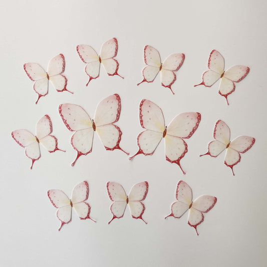 These pink wafer butterflies with a touch of yellow are magnificent and will make ordinary desserts extraordinary.   The pack contains 11 butterflies, pre-cut and ready to use.  