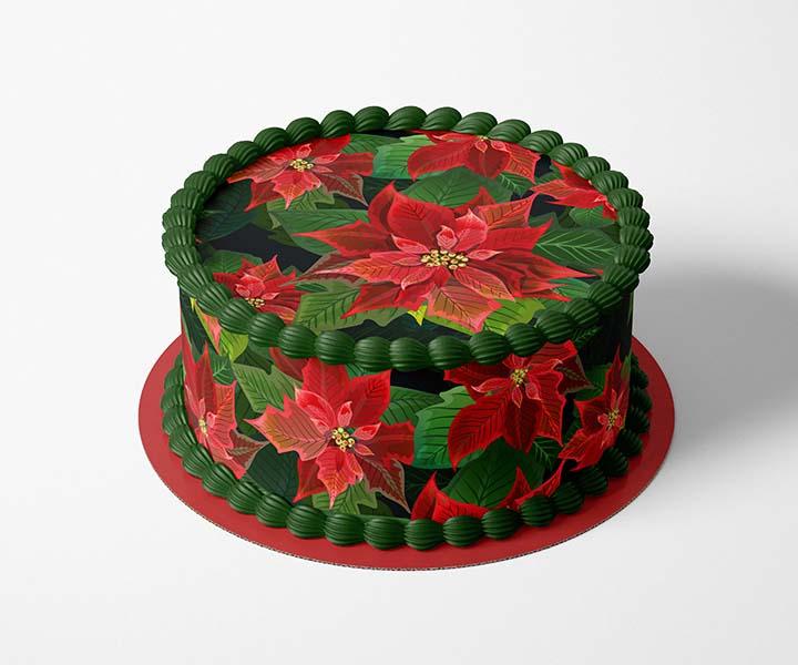 Christmas Poinsettia Flowers  - Icing Cake Wrap Edible Cake Topper, Edible Cake Image, ,printsoncakes