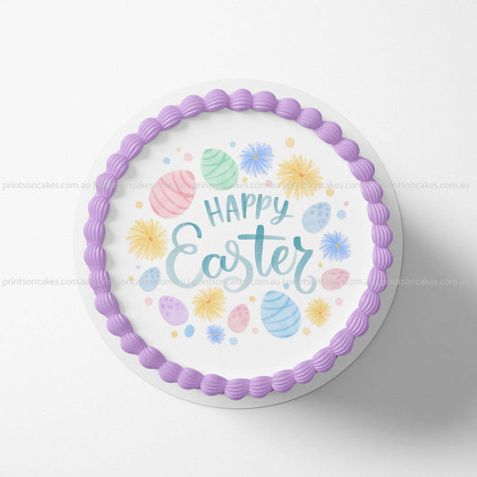Celebrate this Easter season with this cute pastel-coloured Happy Easter edible icing print on cakes, cupcakes or any sweet treats.   Perfect for Cakes, Cupcakes, Cookies and Biscuits. 