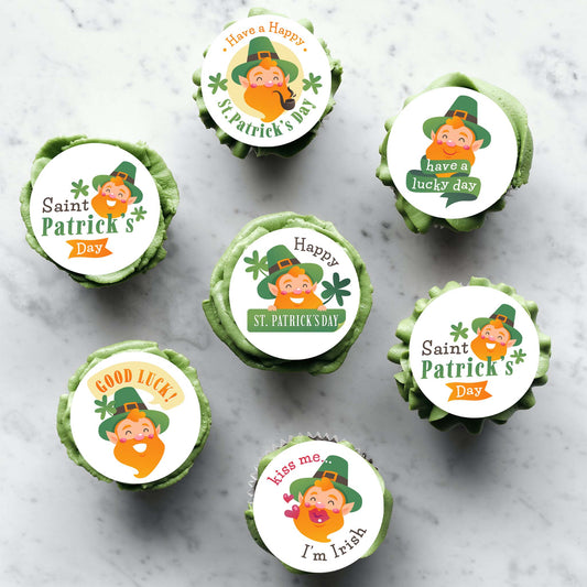 Decorate cupcakes or cookies for St. Patrick's Day celebration with these eye-catching Happy Leprechaun edible icing prints.  