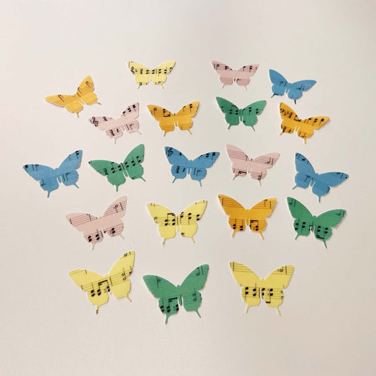 These Rainbow Edible Wafer Butterflies Edible Wafer Butterflies with Happy Birthday musical notes will make ordinary desserts extraordinary.   The pack contains 20 butterflies, precut and ready to use.    They come in 5 different colours and a wingspan of approximately 5 cm (2')