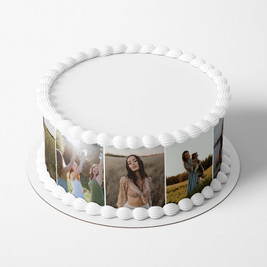 You can add your favourite photos to this Photo Collage print to create a unique cake. There are 3 strips per sheet and 5 photos on each strip, so you can choose up to 15 photos
