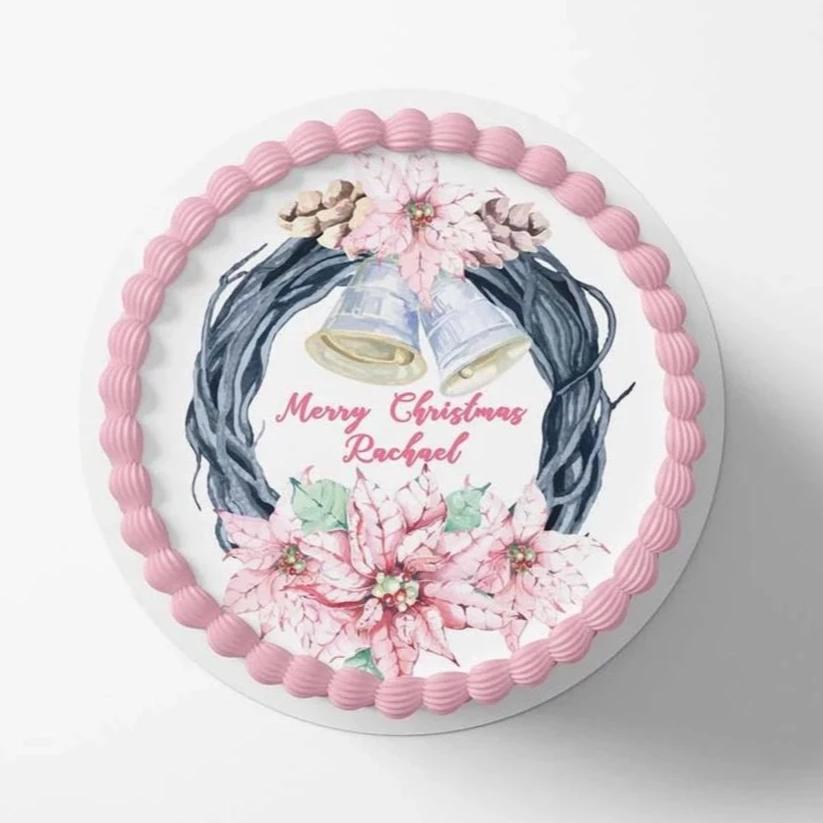Christmas Wreath - Pretty Pink - Personalised Edible Icing toppers Edible Cake Topper, Edible Cake Image, ,printsoncakes