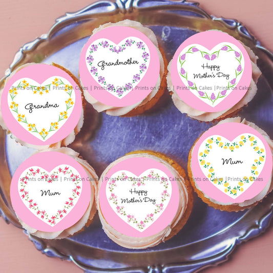 Mother's Day Hearts - 5cm (2 inch) Cupcake Icing Sheet – 15 Toppers Per Sheet Edible Cake Topper, Edible Cake Image, ,printsoncakes