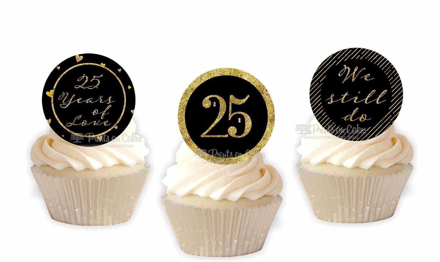 Celebrate your special occasion with these elegant black and gold cupcake toppers.  Add your personalisation in the Special Instructions box.  Perfect for Cupcakes, Cookies, muffins and Biscuits.