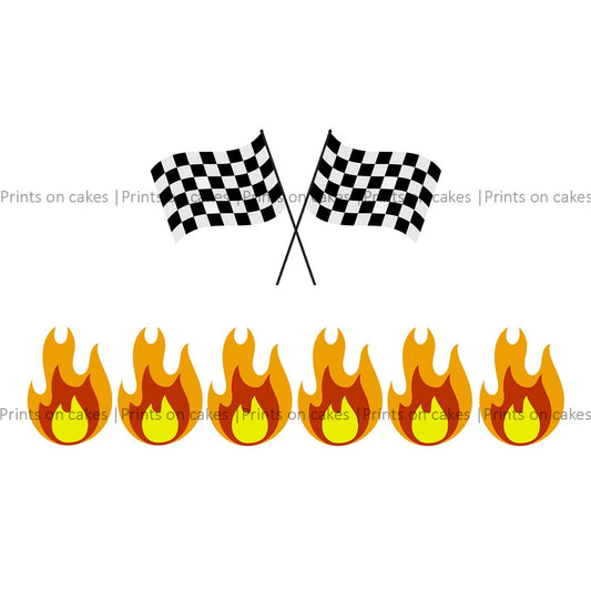Flames and Checkered Flags Set - Edible Icing Image Edible Cake Topper, Edible Cake Image, ,printsoncakes