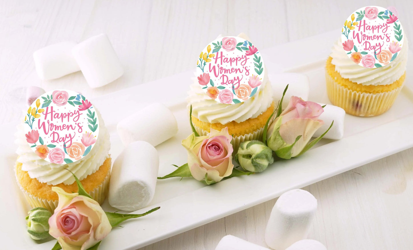 Happy Women's Day – 5cm (2 inch) Cupcake Icing Sheet – 15 Toppers Per Sheet Edible Cake Topper, Edible Cake Image, ,printsoncakes