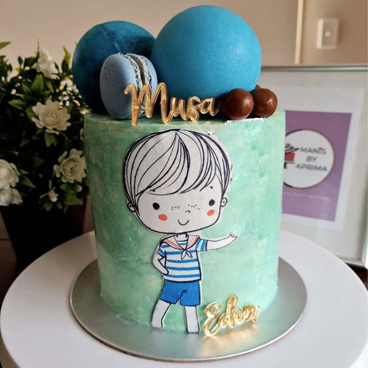 This cute boy print is entirely edible. It is printed on premium icing sheets in vibrant edible ink colours and pre-cut for your convenience.   This image is 13 cm ( 5 inches) tall. 