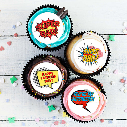 Add these Happy Father's Day Comic Style edible icing images on cupcakes or sweet treats.  Perfect for Cupcakes, Cookies, muffins and Biscuits.