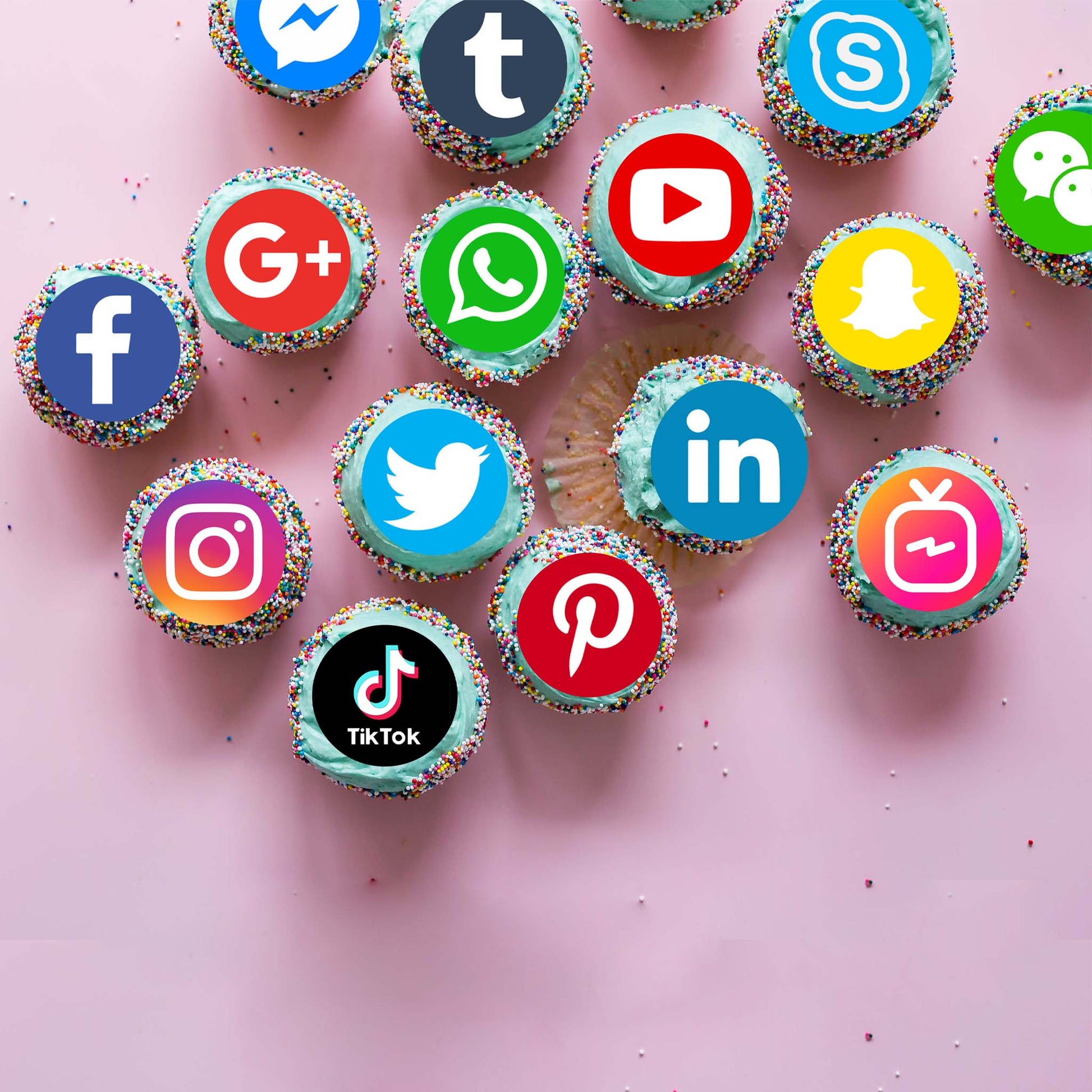 Social Media – 5cm (2 inch) Cupcake Icing Sheet – 15 Toppers Per Sheet Edible Cake Topper, Edible Cake Image, ,printsoncakes