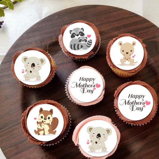 Mother's Day Cute Animals Set - 5cm (2 inch) Cupcake Icing Sheet – 15 Toppers Per Sheet Edible Cake Topper, Edible Cake Image, ,printsoncakes