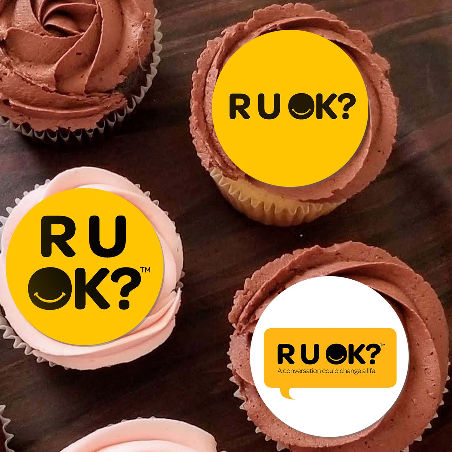 Decorate your cupcakes or cookies for R U Ok? events with these eye-catching edible icing prints.   Perfect for Cupcakes, Cookies, muffins and Biscuits.  Available sizes,  30  x 3.8 cm (1.5') Mini cupcake toppers. 15  x 5 cm (2') cupcake toppers. 12  x 6.3 cm (2.5') cookie toppers.
