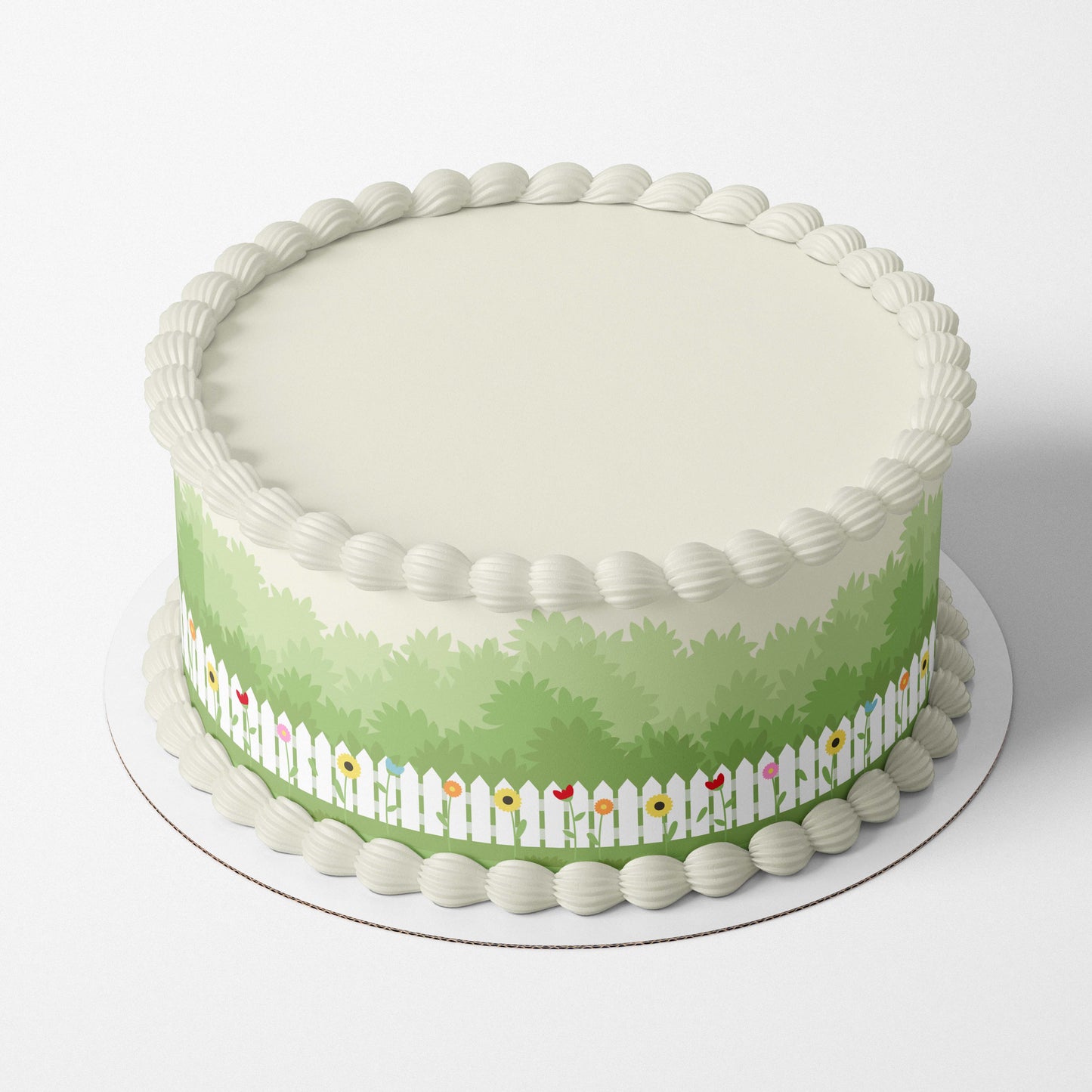 Flower Garden - Edible Icing Cake Wrap. Add this beautiful flower garden print with a white picket fence on cakes or any sweet treats. Perfect for a fairy garden or gardening theme party.